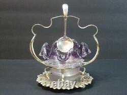 STEVENS & WILLIAMS AMETHYST ART GLASS THREADED BOWL IN SILVERPLATED STAND 1880's