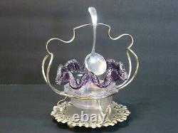 STEVENS & WILLIAMS AMETHYST ART GLASS THREADED BOWL IN SILVERPLATED STAND 1880's