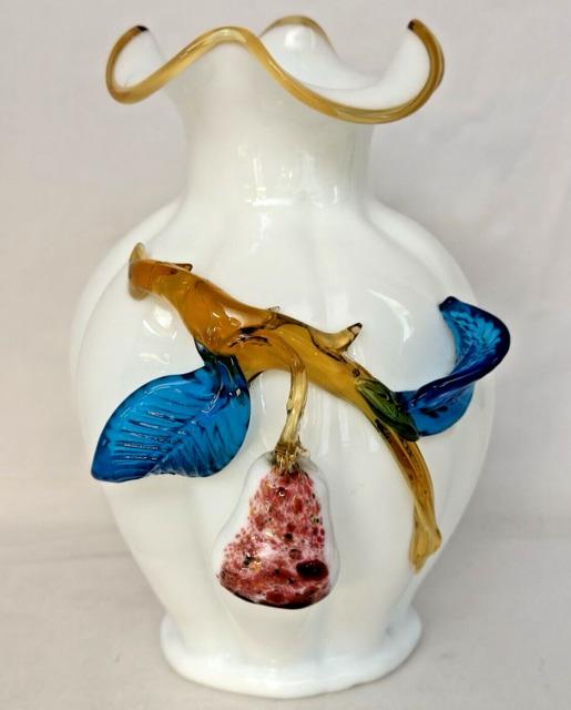 Stevens & Williams Art Glass Vase With Applied Branch With Leaves & Fruit. Ca. 1910