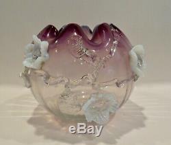 STEVENS WILLIAMS Amethyst Opalescent WithVaseline Glass Applied Flower ROSE BOWL