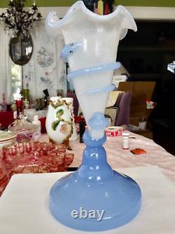 STRIKING ANTIQUE FRENCH OPALINE GLASS SNAKE WRAPPED HORN VASE w ETCHED DOLPHIN
