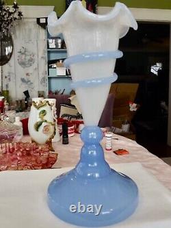 STRIKING ANTIQUE FRENCH OPALINE GLASS SNAKE WRAPPED HORN VASE w ETCHED DOLPHIN