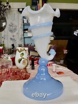 STRIKING ANTIQUE FRENCH OPALINE GLASS SNAKE WRAPPED HORN VASE w ETCHED DOLPHIN