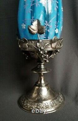 STUNNING ART GLASS vase in figural antique silverplate frame stand. OPALESCENT