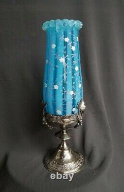 STUNNING ART GLASS vase in figural antique silverplate frame stand. OPALESCENT