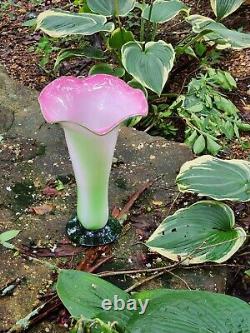 STUNNING! Antique Mt. Washington Burmese Glass Vase Ruffled Top Pink RARE 12.5