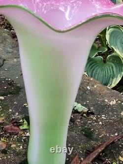 STUNNING! Antique Mt. Washington Burmese Glass Vase Ruffled Top Pink RARE 12.5