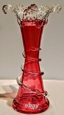 STUNNING Victorian 10.5 Hand Blown Cranberry Optic Glass Vases, Clear Rigaree