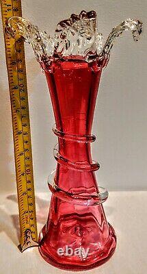 STUNNING Victorian 10.5 Hand Blown Cranberry Optic Glass Vases, Clear Rigaree