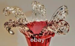 STUNNING Victorian 10.5 Hand Blown Cranberry Optic Glass Vases, Clear Rigaree