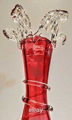 STUNNING Victorian 10.5 Hand Blown Cranberry Optic Glass Vases, Clear Rigaree