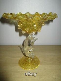 Salviati Barovier Toso Venetian Dolphin Fish Glass Vase Gold Yellow Murano