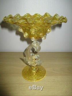 Salviati Barovier Toso Venetian Dolphin Fish Glass Vase Gold Yellow Murano