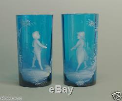 Sapphire Blue Victorian era Mary Gregory Glass Bohemian Tumblers