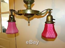 Scarce Victorian Mt. Washington Pink Satin Diamond Quilt Brass Chandelier Lamp