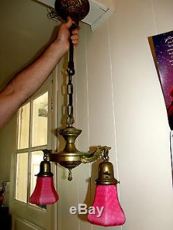 Scarce Victorian Mt. Washington Pink Satin Diamond Quilt Brass Chandelier Lamp