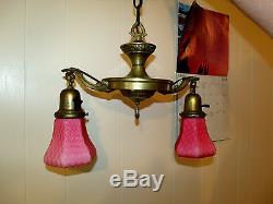 Scarce Victorian Mt. Washington Pink Satin Diamond Quilt Brass Chandelier Lamp