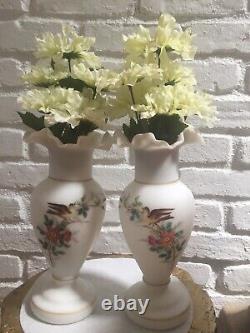 Set 2 Vintage Fenton Glass Vases Satin Opague Burmese Frosted Hand Painted