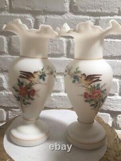 Set 2 Vintage Fenton Glass Vases Satin Opague Burmese Frosted Hand Painted