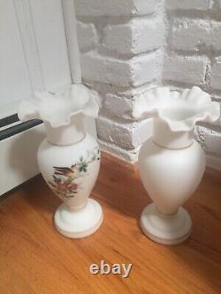 Set 2 Vintage Fenton Glass Vases Satin Opague Burmese Frosted Hand Painted