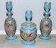 Set 3 French Antique Victorian Blue Opaline Glass Dresser Bottles Withenamel Birds