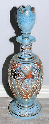 Set 3 French Antique Victorian Blue Opaline Glass Dresser Bottles withEnamel Birds