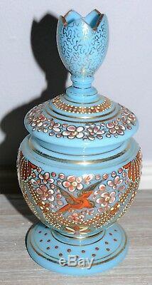 Set 3 French Antique Victorian Blue Opaline Glass Dresser Bottles withEnamel Birds