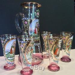 Set Antique Tall Bohemian Czech Enamel Blown Art Glass Pitcher 5 Beakers Goblets