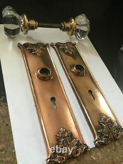 Set Arts Craft Deco Victorian Cast Brass Entry Door Plates Glass Knobs Hardware