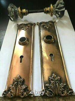 Set Arts Craft Deco Victorian Cast Brass Entry Door Plates Glass Knobs Hardware