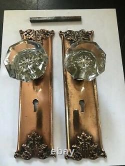 Set Arts Craft Deco Victorian Cast Brass Entry Door Plates Glass Knobs Hardware