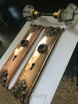 Set Arts Craft Deco Victorian Cast Brass Entry Door Plates Glass Knobs Hardware