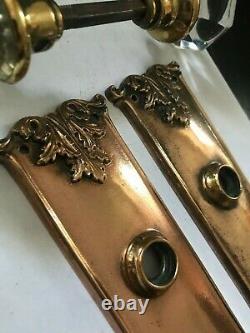 Set Arts Craft Deco Victorian Cast Brass Entry Door Plates Glass Knobs Hardware