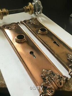 Set Arts Craft Deco Victorian Cast Brass Entry Door Plates Glass Knobs Hardware