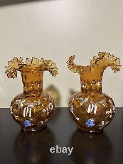 Set Of 2 Victorian-era Bohemian Hand Enameled Glass Vases Ruffled Rim Thumbprint Set Of 2 Victorian-era Bohemian Hand Enameled Glass Vases Ruffled Rim Thumbprint
