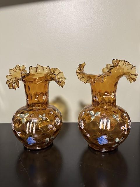 Set Of 2 Victorian-era Bohemian Hand Enameled Glass Vases Ruffled Rim Thumbprint