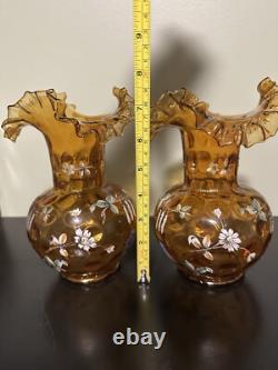 Set Of 2 Victorian-era Bohemian Hand Enameled Glass Vases Ruffled Rim Thumbprint Set Of 2 Victorian-era Bohemian Hand Enameled Glass Vases Ruffled Rim Thumbprint