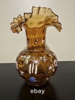 Set Of 2 Victorian-era Bohemian Hand Enameled Glass Vases Ruffled Rim Thumbprint Set Of 2 Victorian-era Bohemian Hand Enameled Glass Vases Ruffled Rim Thumbprint