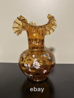 Set Of 2 Victorian-era Bohemian Hand Enameled Glass Vases Ruffled Rim Thumbprint Set Of 2 Victorian-era Bohemian Hand Enameled Glass Vases Ruffled Rim Thumbprint