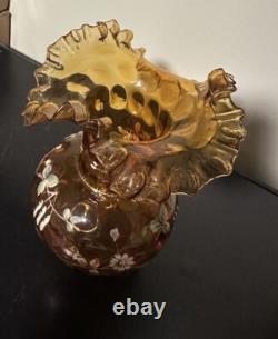 Set Of 2 Victorian-era Bohemian Hand Enameled Glass Vases Ruffled Rim Thumbprint Set Of 2 Victorian-era Bohemian Hand Enameled Glass Vases Ruffled Rim Thumbprint