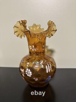 Set Of 2 Victorian-era Bohemian Hand Enameled Glass Vases Ruffled Rim Thumbprint Set Of 2 Victorian-era Bohemian Hand Enameled Glass Vases Ruffled Rim Thumbprint