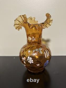 Set Of 2 Victorian-era Bohemian Hand Enameled Glass Vases Ruffled Rim Thumbprint Set Of 2 Victorian-era Bohemian Hand Enameled Glass Vases Ruffled Rim Thumbprint
