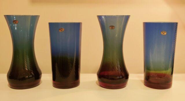 Set Of 4 Bohemian Rubi, Yellow And Blue Vase Hand Made Checoslovaquia Art Glass