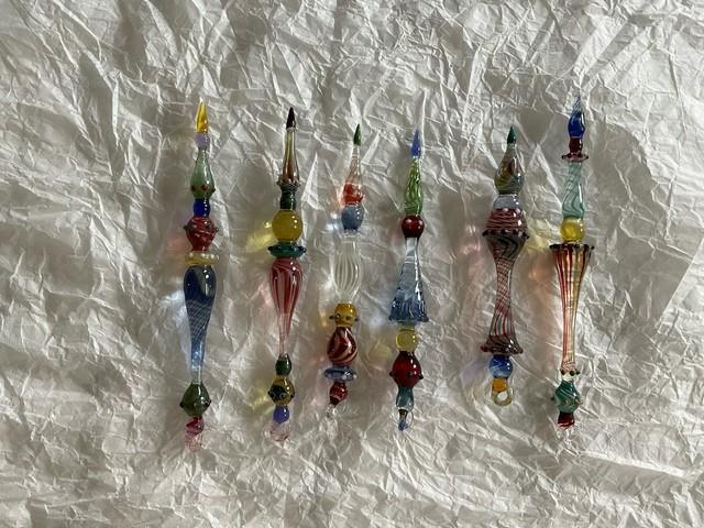 Set Of 6 Art Glass Ornament Corning Ny Heavy Glass Colorful Victorian Drop