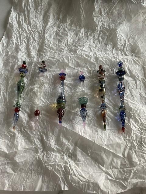 Set Of 6 Art Glass Ornament Corning Ny Heavy Glass Colorful Victorian Drop