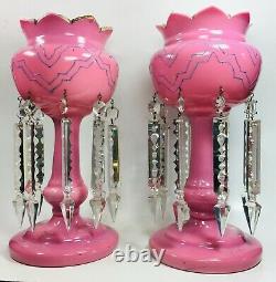 Set of (2) Antique Pink Victorian Cased Glass Candle Lusters Mantel Art Deco