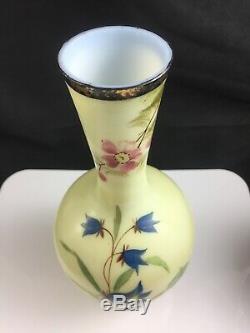 Set of 2 Bohemian Victorian Art Glass Hand Painted Opaline 9 3/8 Vases