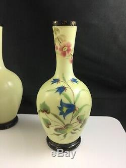 Set of 2 Bohemian Victorian Art Glass Hand Painted Opaline 9 3/8 Vases