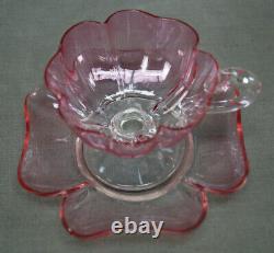 Set of 4 Bohemian Lobmeyr Pink & Clear Quatrefoil Footed Punch Cups & Saucers