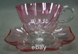 Set of 4 Bohemian Lobmeyr Pink & Clear Quatrefoil Footed Punch Cups & Saucers